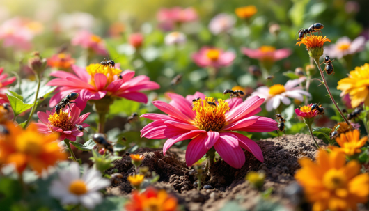 Close-up of vibrant pink, orange, and white flowers in a garden, with several ants crawling on the petals and stems.